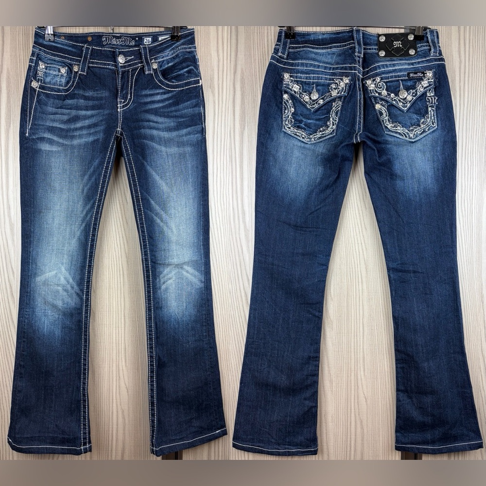 Miss Me Boot Cut Jeans ~ in Dark Blue Wash w/Jewel & Stitches ~ Size 26